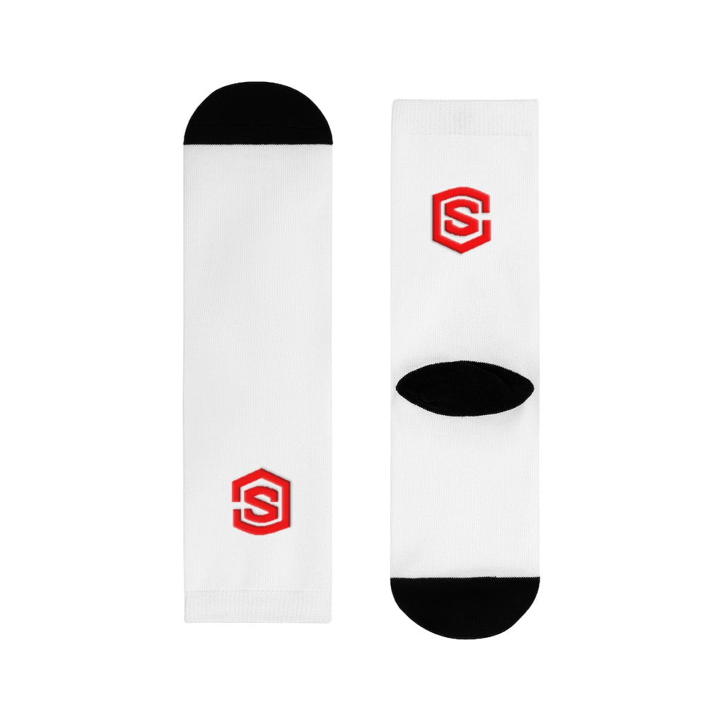 White Sublimation Crew Socks (EU) Red Logo