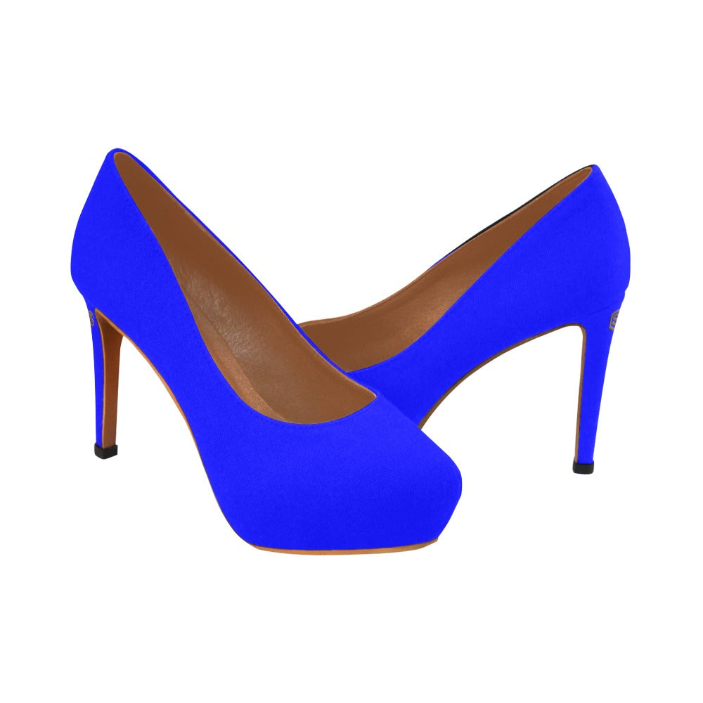Blue Women's Pumps With Brown Logo Women's High Heels (Model 044)