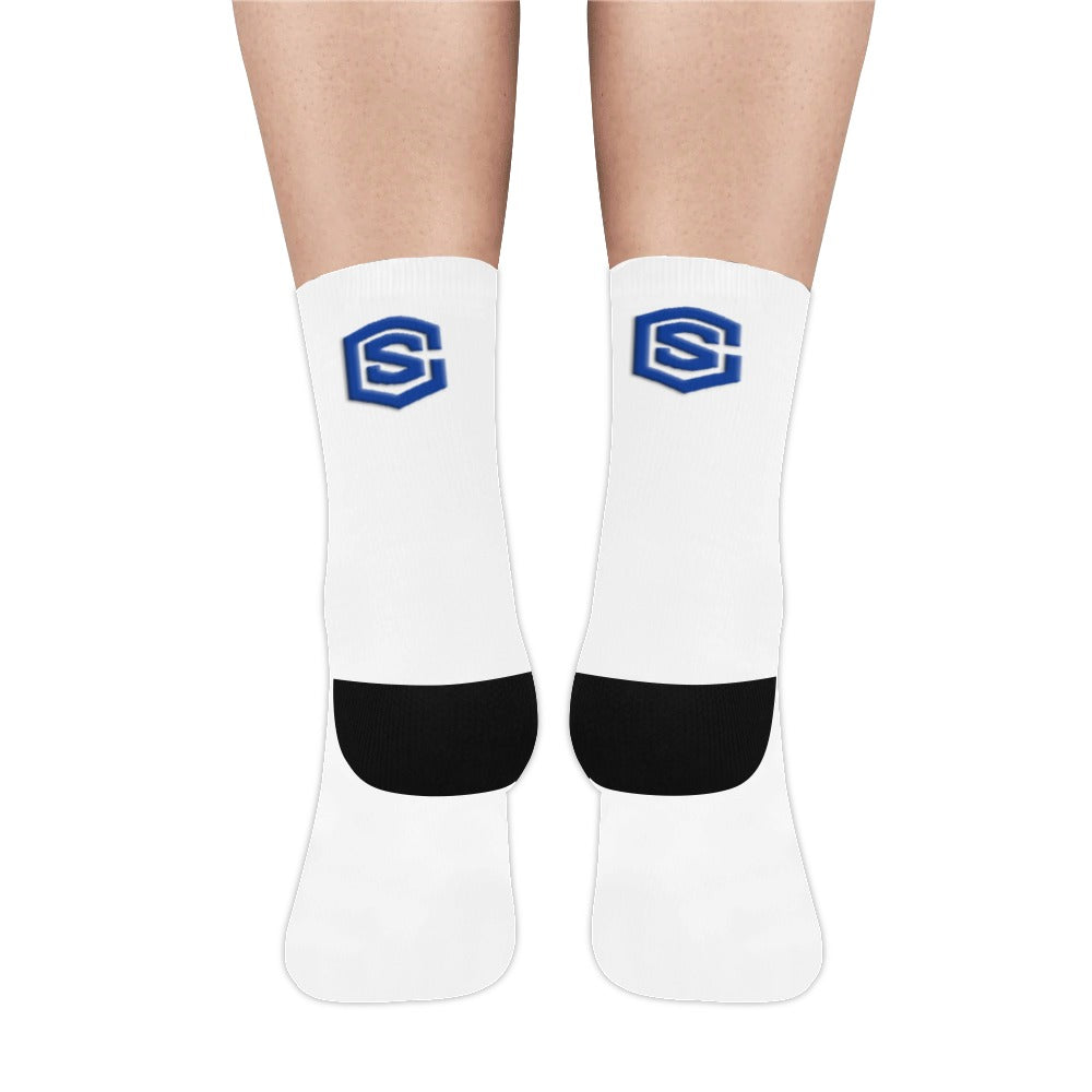 White Sublimated Crew Socks (Made In USA) with Blue Logo Sublimated Crew Socks (Made In USA)
