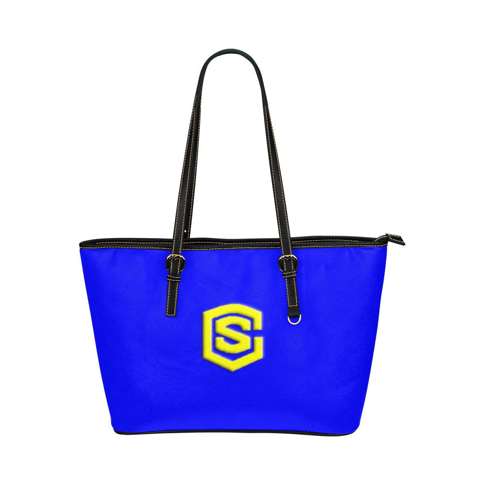 BLUE Leather Tote Bag WITH YELLOW LOGO Leather Tote Bag (Model 1651) (Big)