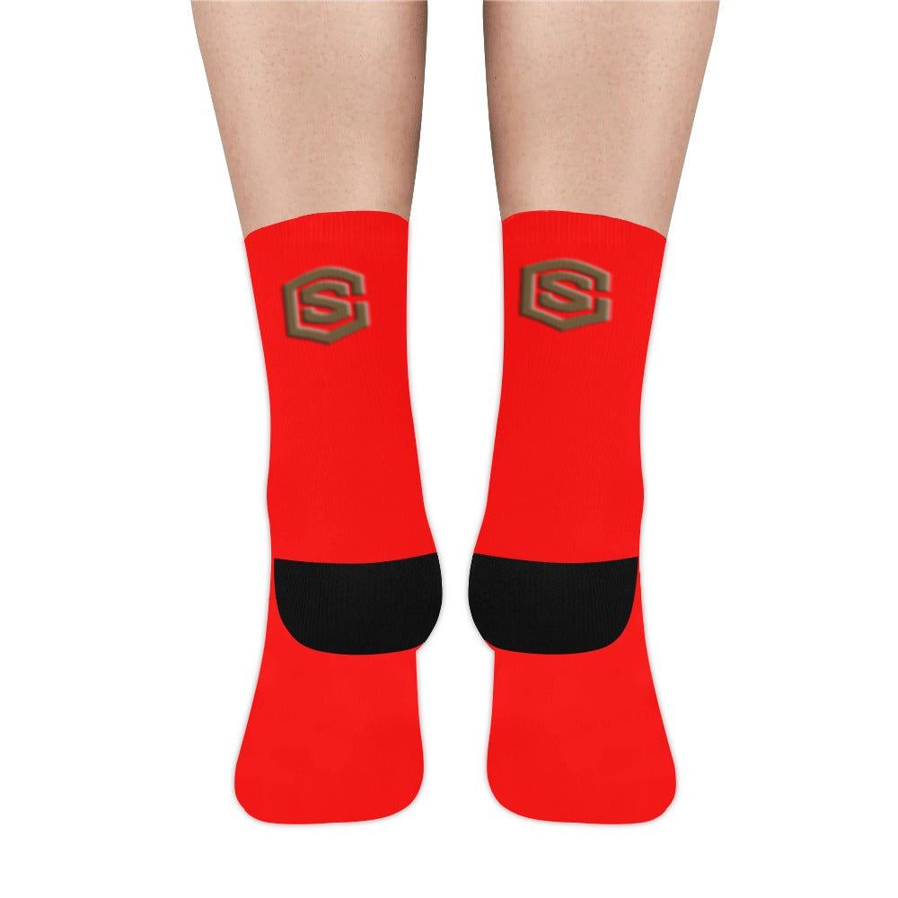 Red Sublimated Crew Socks (Made In USA) with Brown Logo Sublimated Crew Socks (Made In USA)