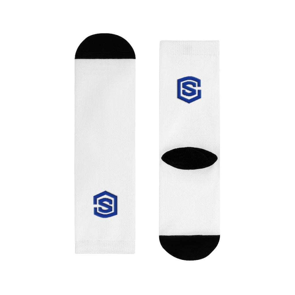 white Sublimation Crew Socks (EU) Blue Logo