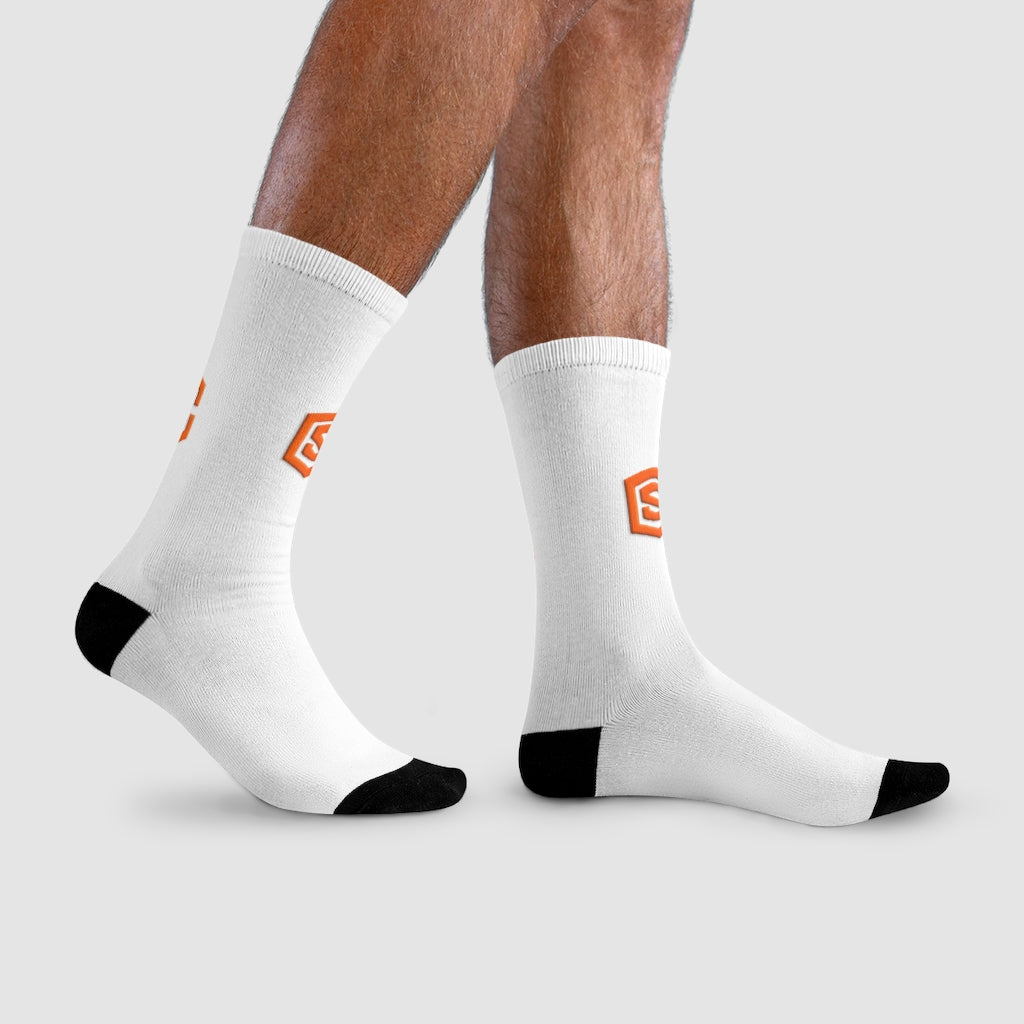 White Sublimation Crew Socks (EU) Orange Logo