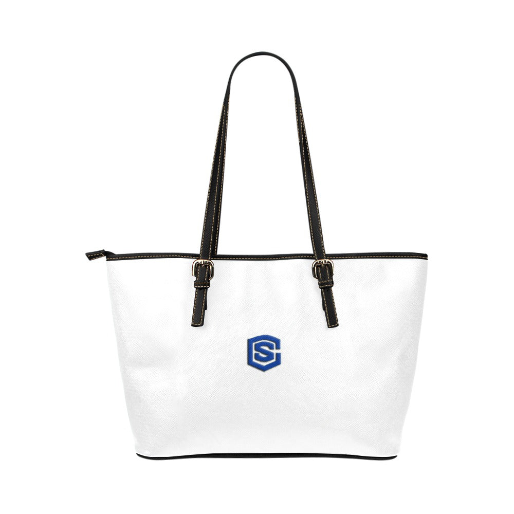 WHITE Leather Tote Bag WITH BLUE LOGO Leather Tote Bag (Model 1651) (Big)