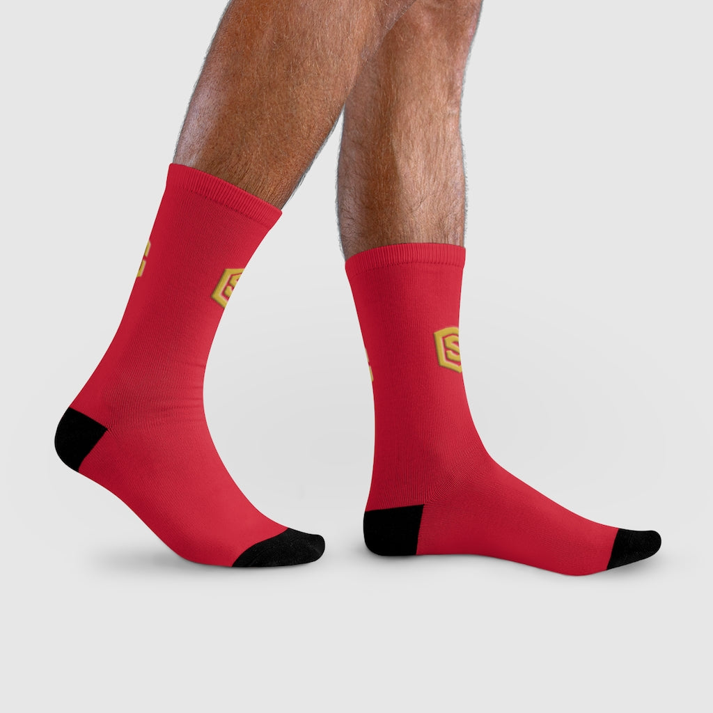 Red Sublimation Crew Socks (EU) Gold Logo