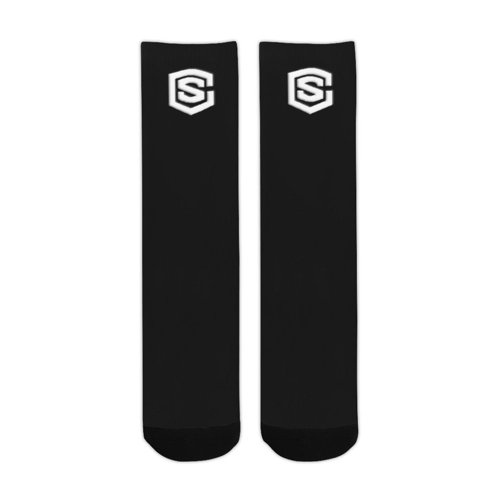 Black Sublimated Crew Socks (Made In USA) with White Logo Sublimated Crew Socks (Made In USA)