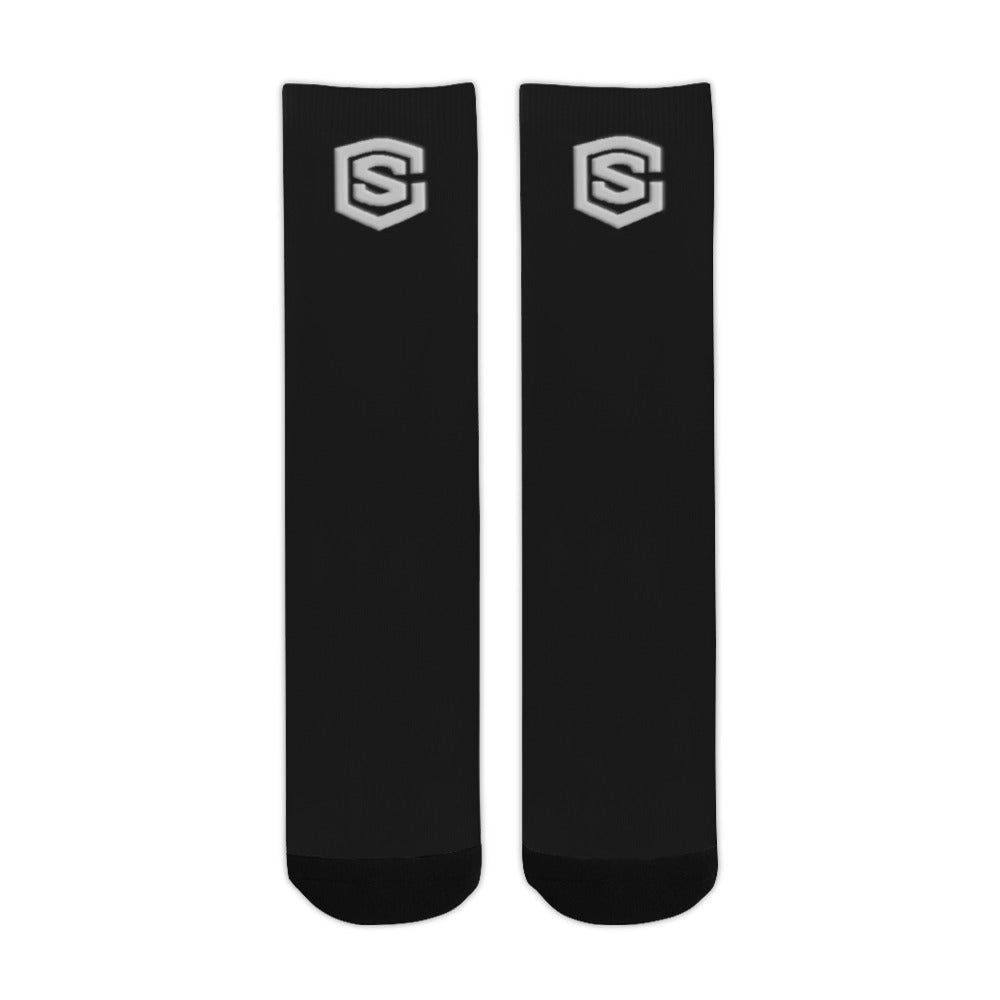 Black Sublimated Crew Socks (Made In USA) with Silver Logo Sublimated Crew Socks (Made In USA)