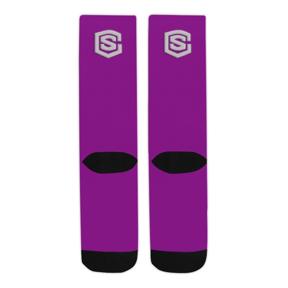 Purple Sublimated Crew Socks (Made In USA) with Silver Logo Sublimated Crew Socks (Made In USA)
