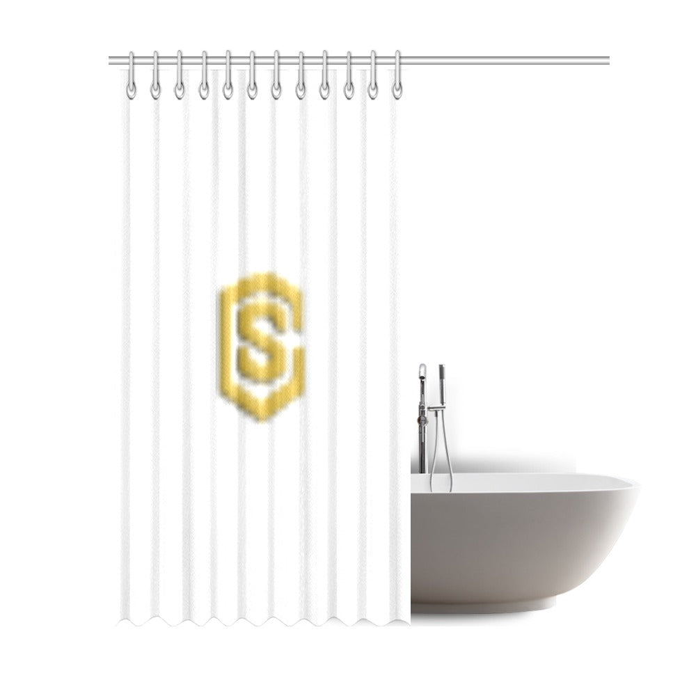 White Shower Curtain 69"x84" with Gold Logo Shower Curtain 69"x84"