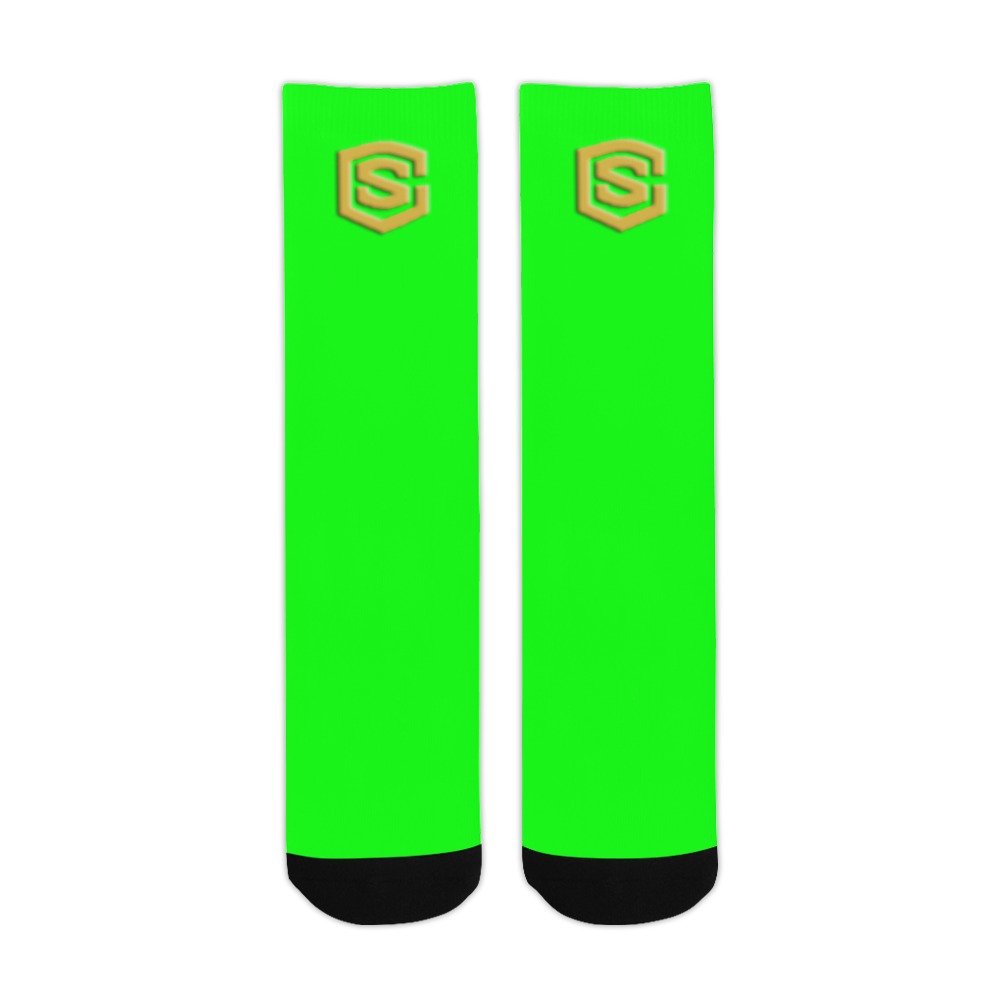 Green Sublimated Crew Socks (Made In USA) with Gold Logo Sublimated Crew Socks (Made In USA)
