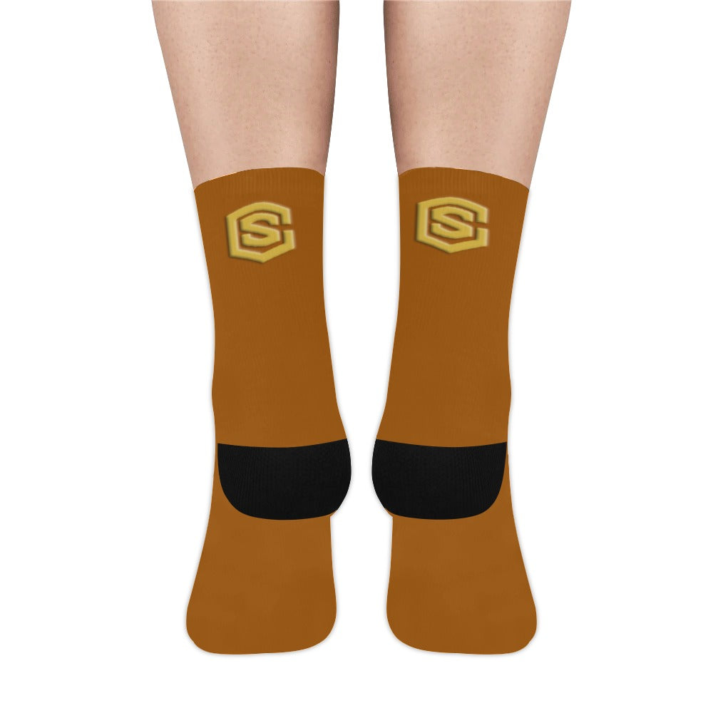 Brown Sublimated Crew Socks (Made In USA) with Gold Logo Sublimated Crew Socks (Made In USA)