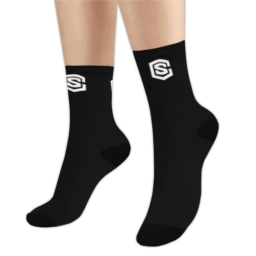 Black Sublimated Crew Socks (Made In USA) with White Logo Sublimated Crew Socks (Made In USA)