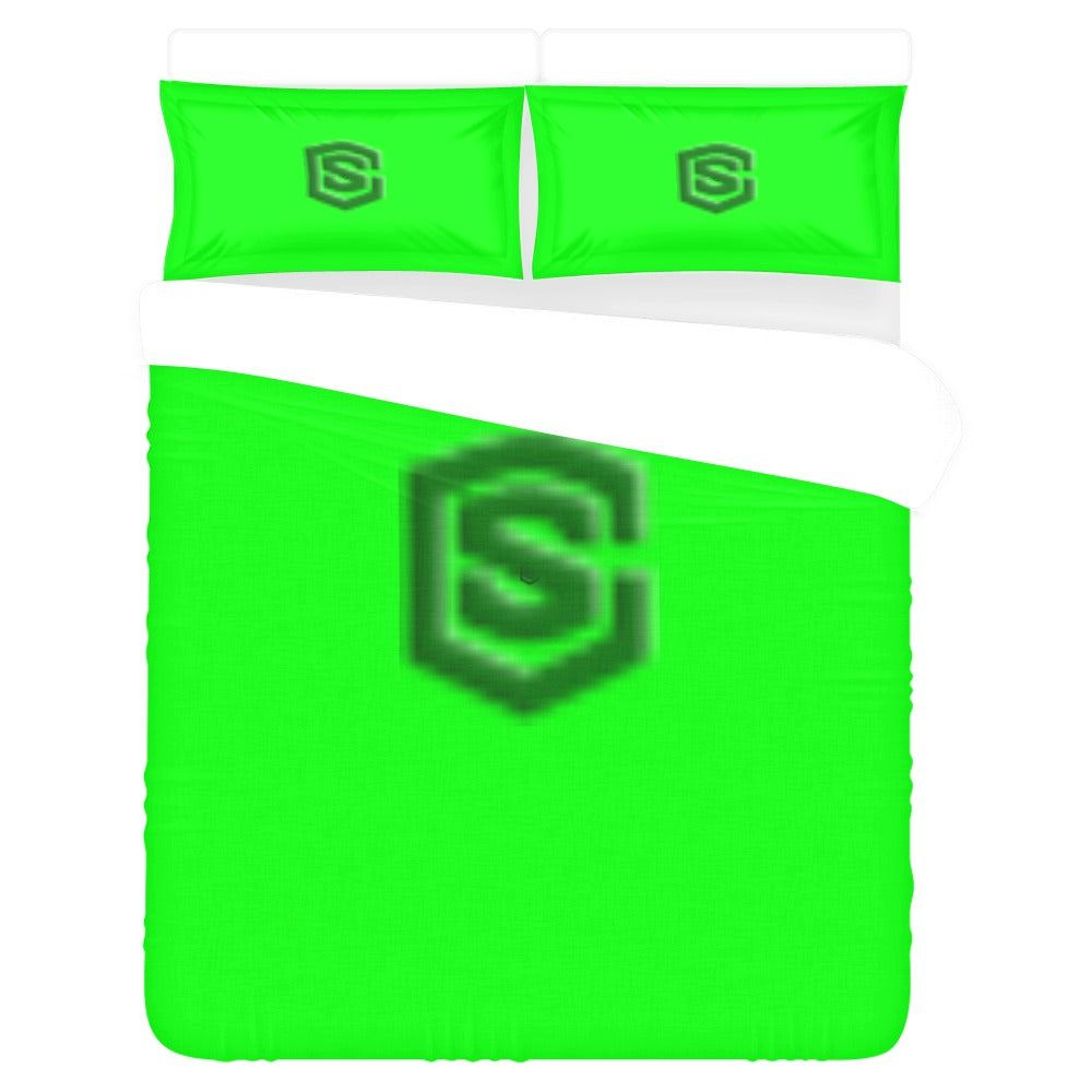 Green 3-Piece Bedding Set (1 Duvet Cover 86"x70"; 2 Pillowcases 20"x30")(One Side) wtih Green Logo 3-Piece Bedding Set (1 Duvet Cover 86"x70"; 2 Pillowcases 20"x30")(One Side)