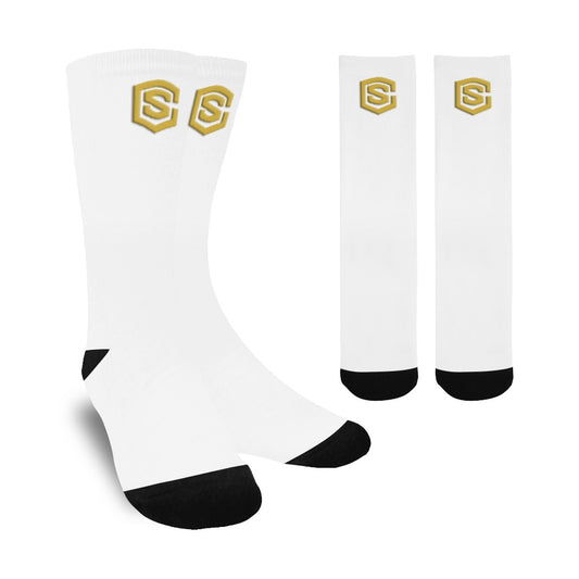 White Sublimated Crew Socks (Made In USA) with Gold Logo Sublimated Crew Socks (Made In USA)