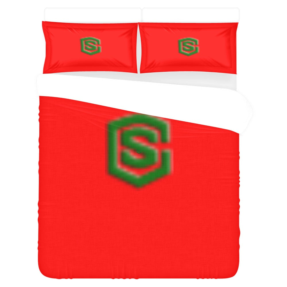 Red 3-Piece Bedding Set (1 Duvet Cover 86"x70"; 2 Pillowcases 20"x30")(One Side) wtih Green Logo 3-Piece Bedding Set (1 Duvet Cover 86"x70"; 2 Pillowcases 20"x30")(One Side)
