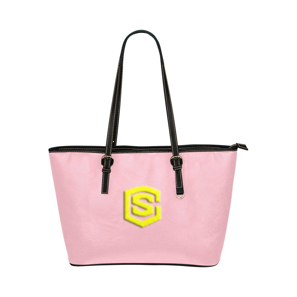 PINK Leather Tote Bag WITH YELLOW LOGO Leather Tote Bag (Model 1651) (Big)