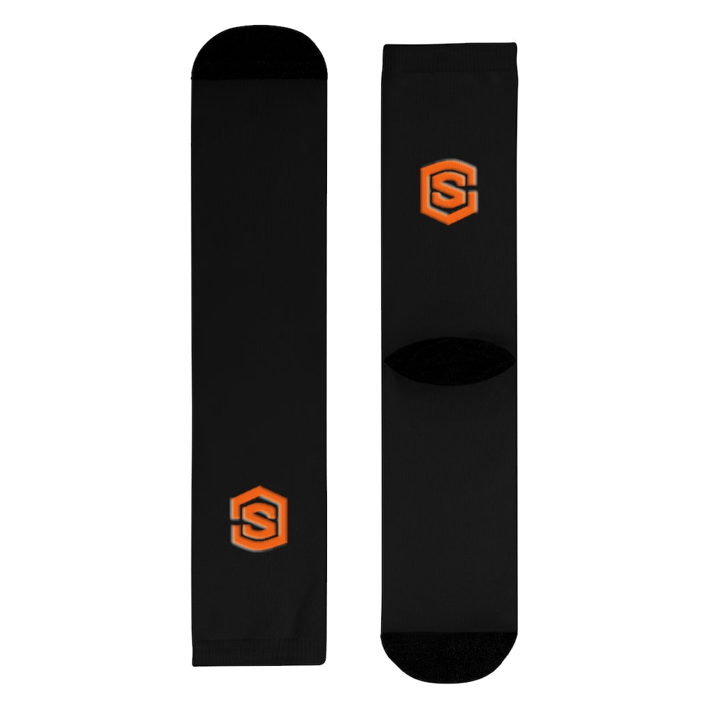 Black Sublimation Crew Socks (EU) Orange Logo