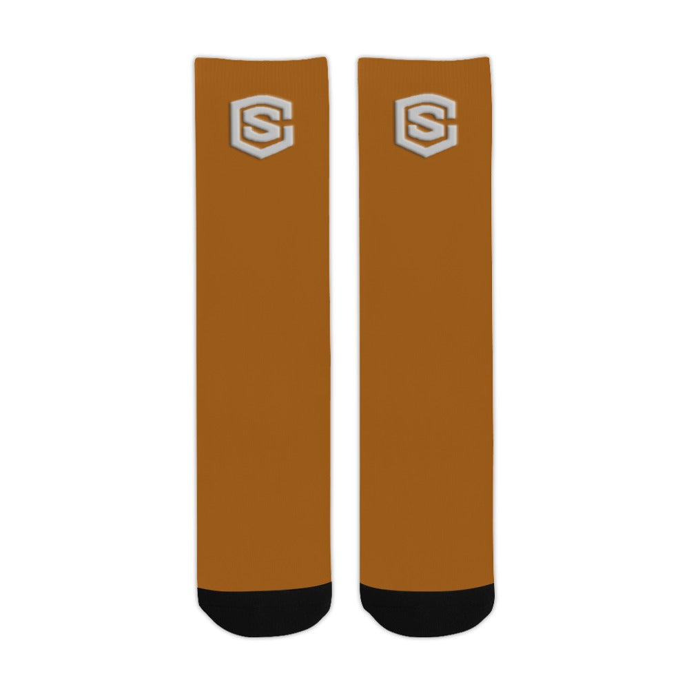 Brown Sublimated Crew Socks (Made In USA) with Silver Logo Sublimated Crew Socks (Made In USA)