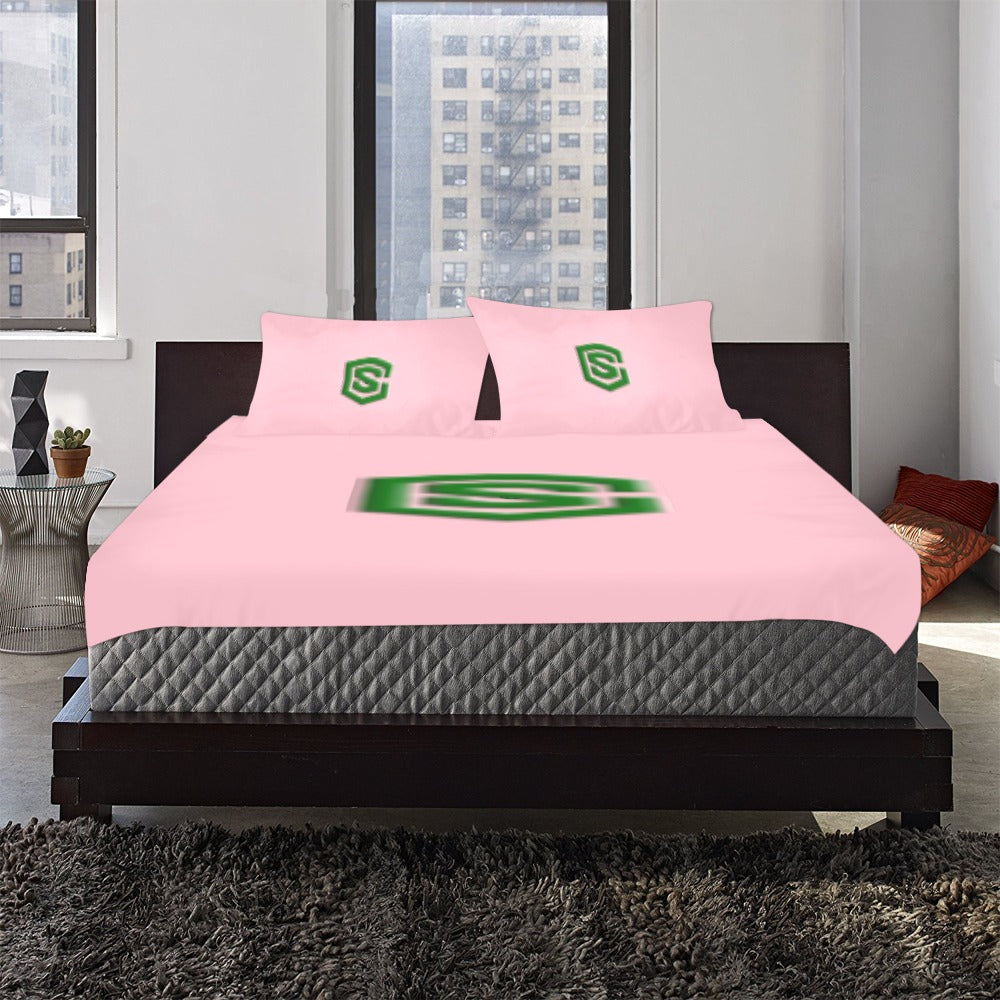 Pink 3-Piece Bedding Set (1 Duvet Cover 86"x70"; 2 Pillowcases 20"x30")(One Side) wtih Green Logo 3-Piece Bedding Set (1 Duvet Cover 86"x70"; 2 Pillowcases 20"x30")(One Side)