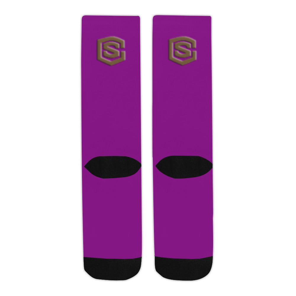 Purple Sublimated Crew Socks (Made In USA) with Brown Logo Sublimated Crew Socks (Made In USA)