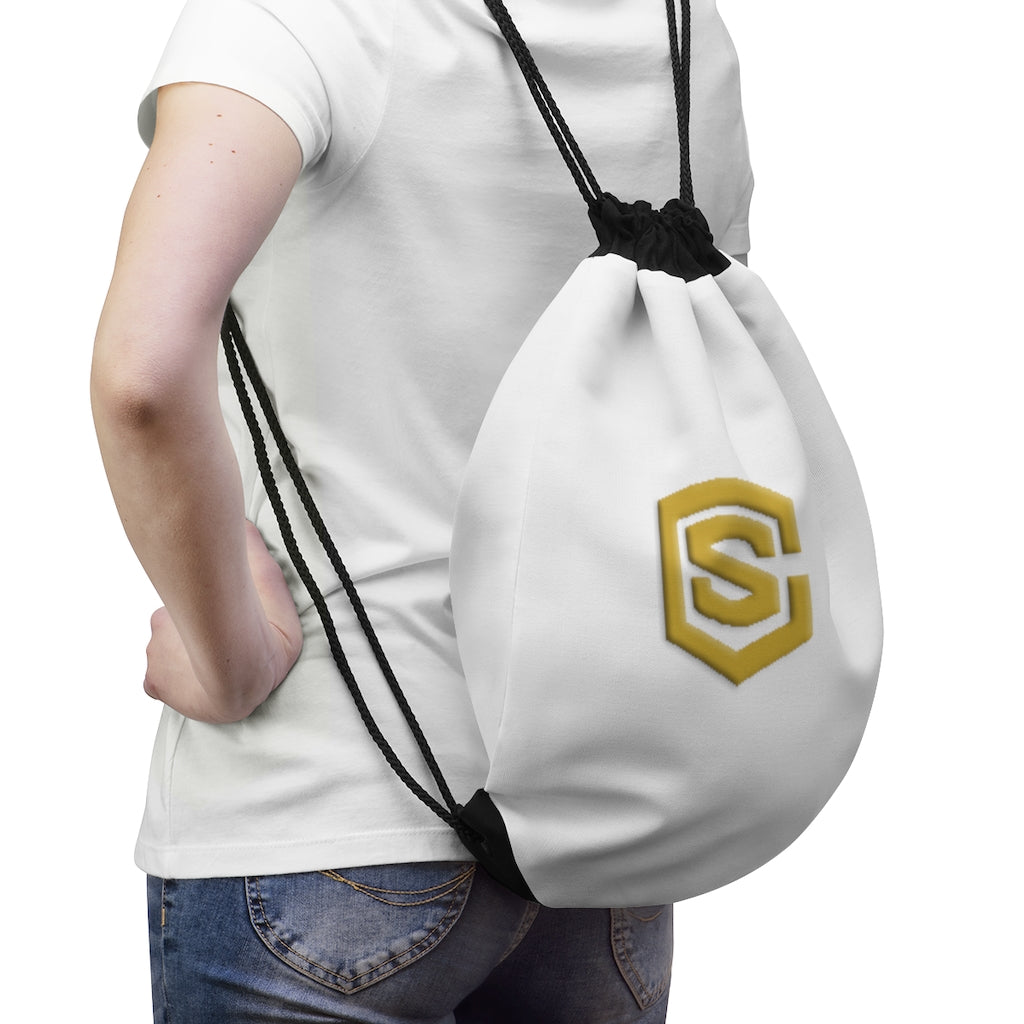 White Drawstring Bag Gold logo