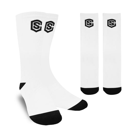 White Sublimated Crew Socks (Made In USA) with Black Logo Sublimated Crew Socks (Made In USA)