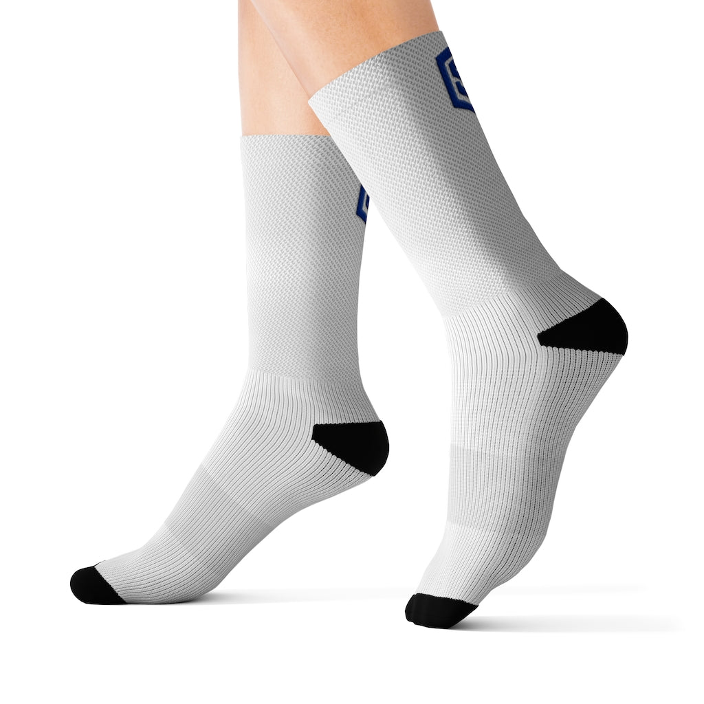 White Sublimation Socks Blue Logo
