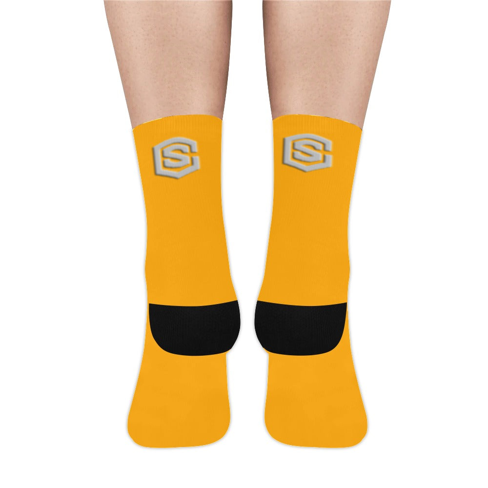 Orange Sublimated Crew Socks (Made In USA) with Silver Logo Sublimated Crew Socks (Made In USA)