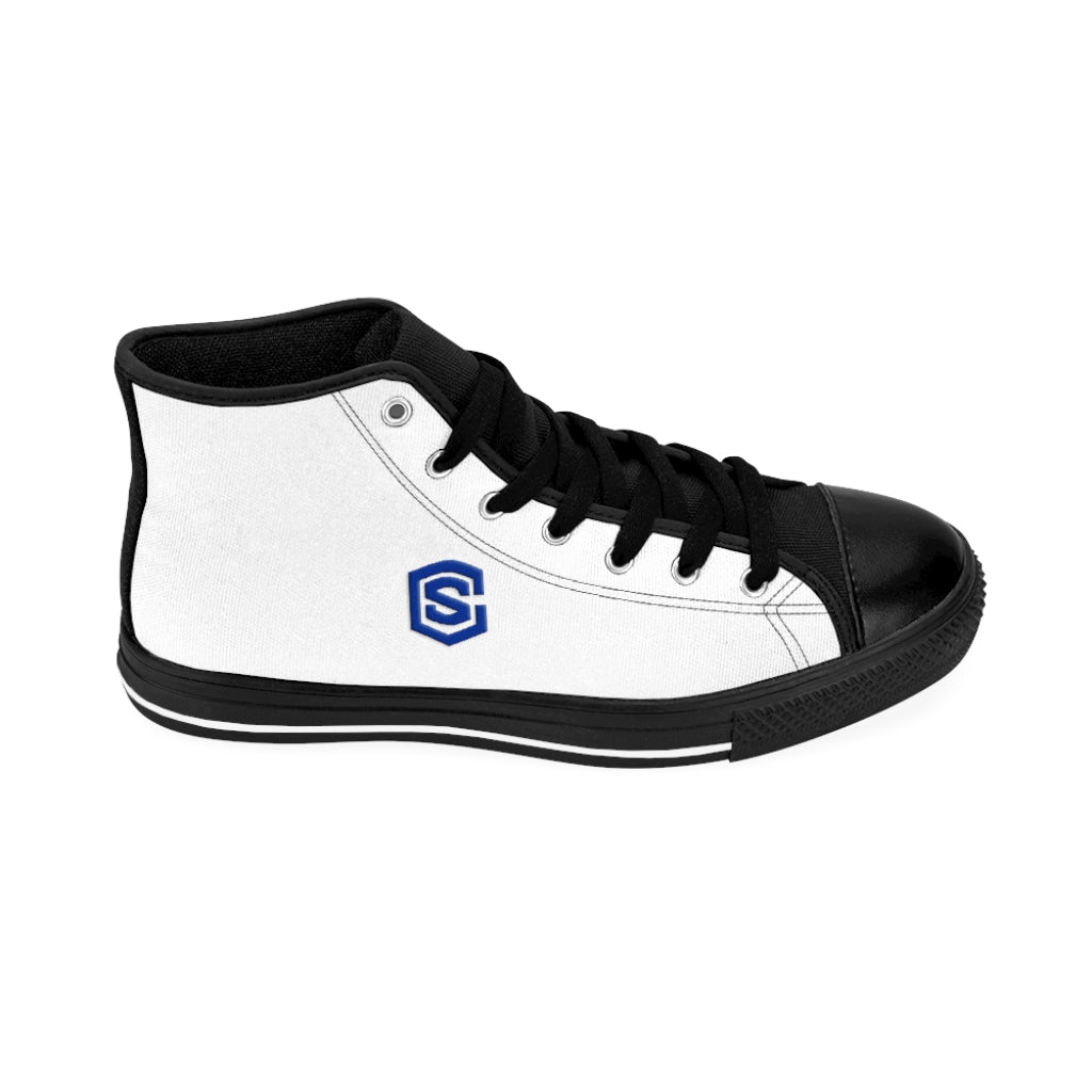 white Men's High-top Sneakers - blue logo