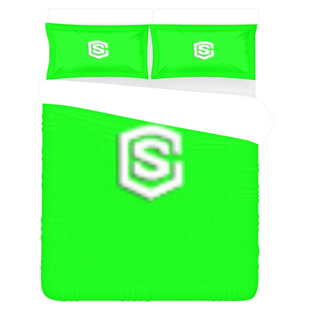 Green 3-Piece Bedding Set (1 Duvet Cover 86"x70"; 2 Pillowcases 20"x30")(One Side) wtih White Logo 3-Piece Bedding Set (1 Duvet Cover 86"x70"; 2 Pillowcases 20"x30")(One Side)