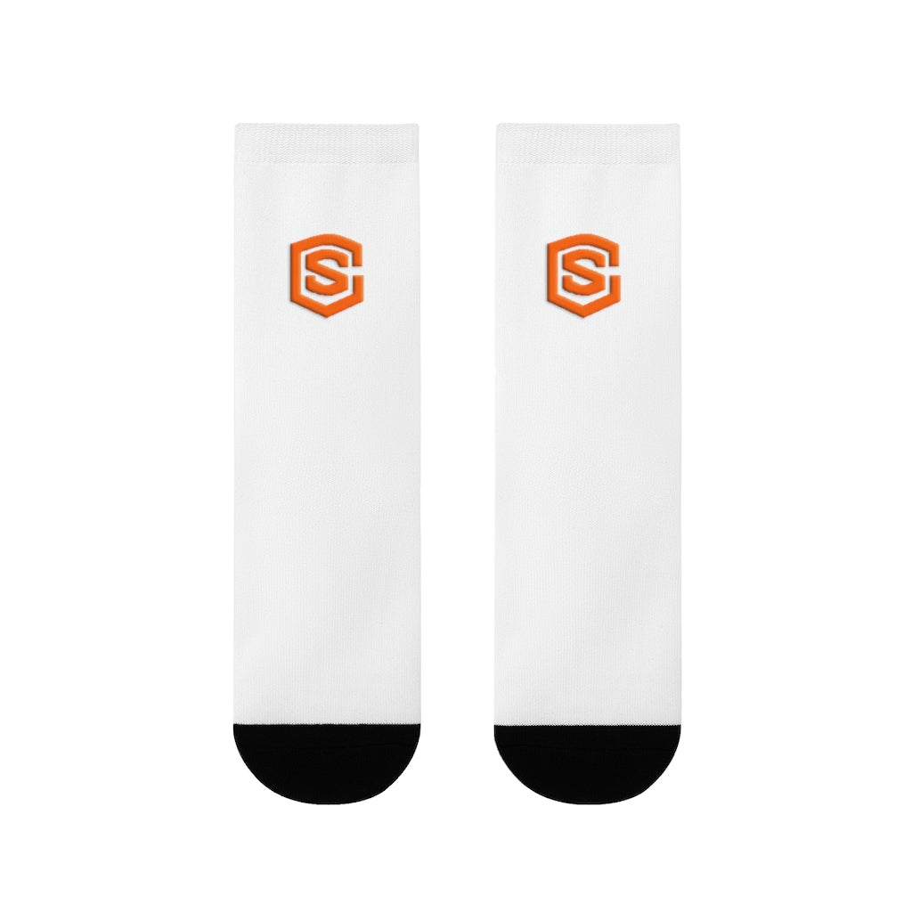 White Sublimation Crew Socks (EU) Orange Logo