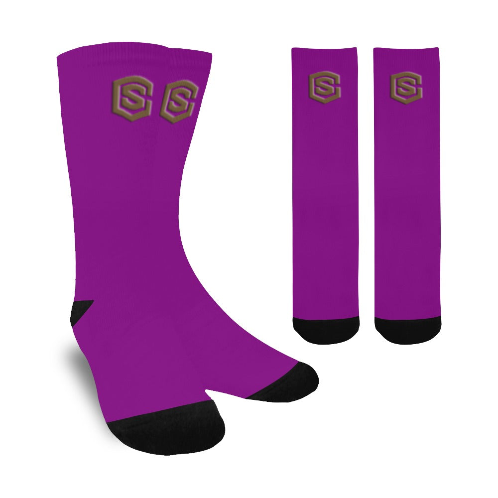 Purple Sublimated Crew Socks (Made In USA) with Brown Logo Sublimated Crew Socks (Made In USA)
