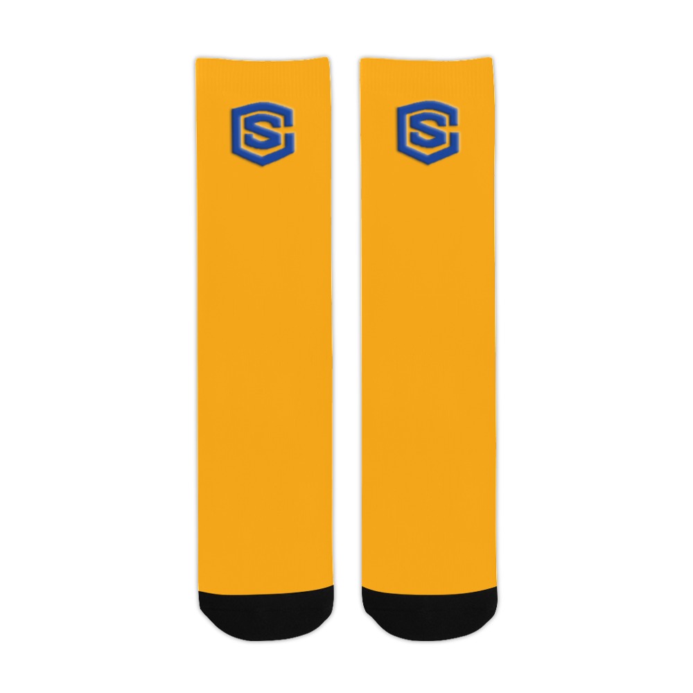 Orange Sublimated Crew Socks (Made In USA) with Blue Logo Sublimated Crew Socks (Made In USA)