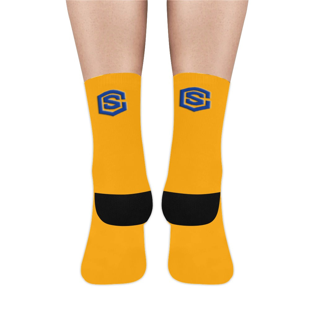Orange Sublimated Crew Socks (Made In USA) with Blue Logo Sublimated Crew Socks (Made In USA)