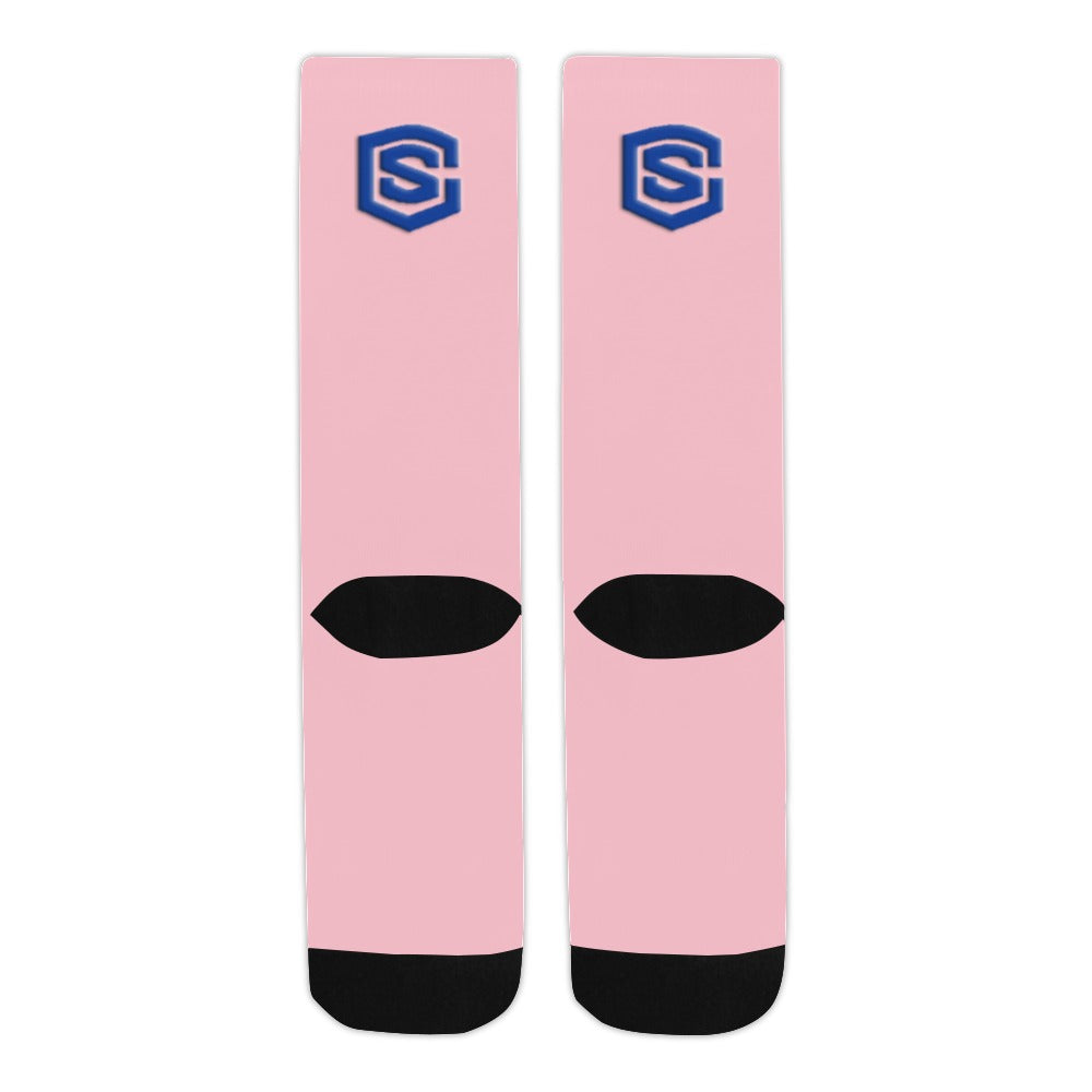 Pink Sublimated Crew Socks (Made In USA) with Blue Logo Sublimated Crew Socks (Made In USA)