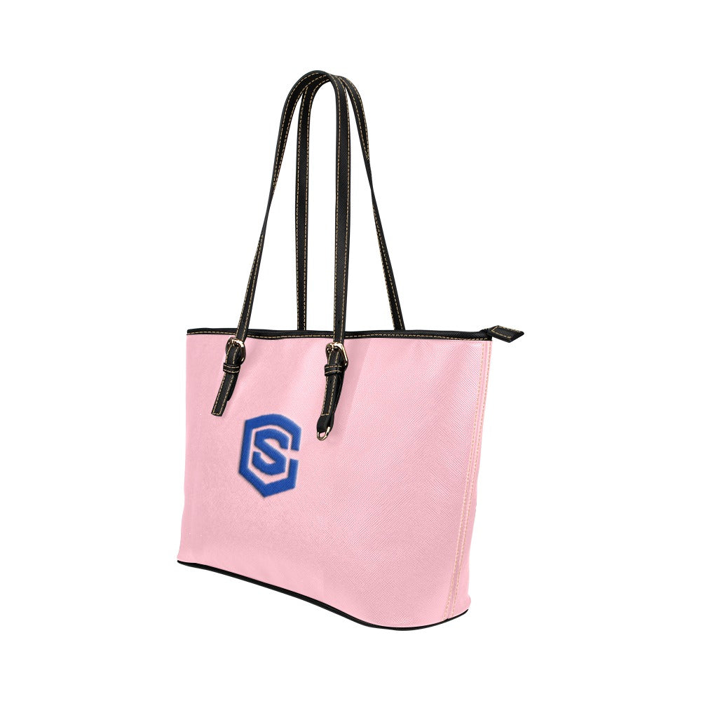 PINK Leather Tote Bag WITH BLUE LOGO Leather Tote Bag (Model 1651) (Big)