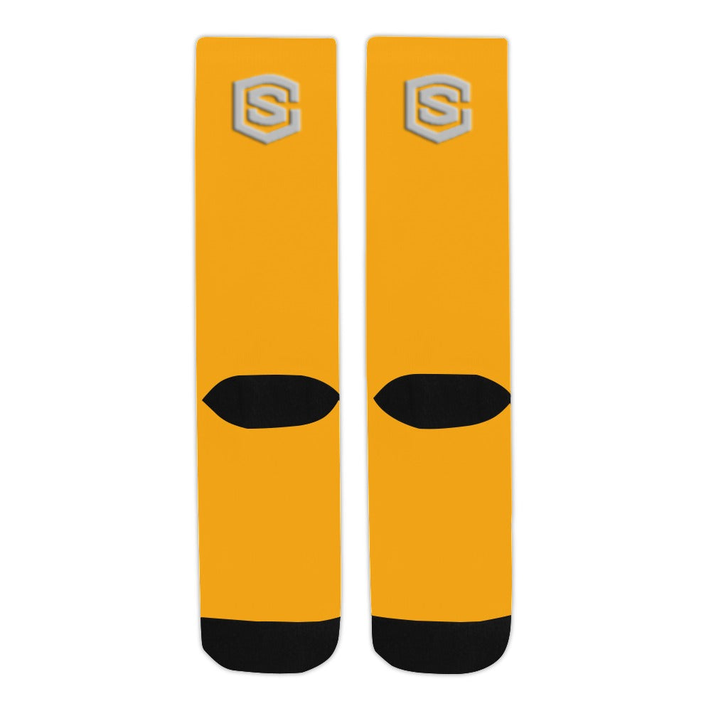 Orange Sublimated Crew Socks (Made In USA) with Silver Logo Sublimated Crew Socks (Made In USA)