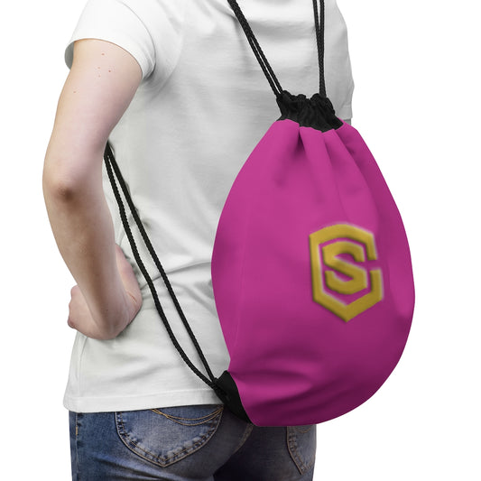 Pink Drawstring Bag Gold logo