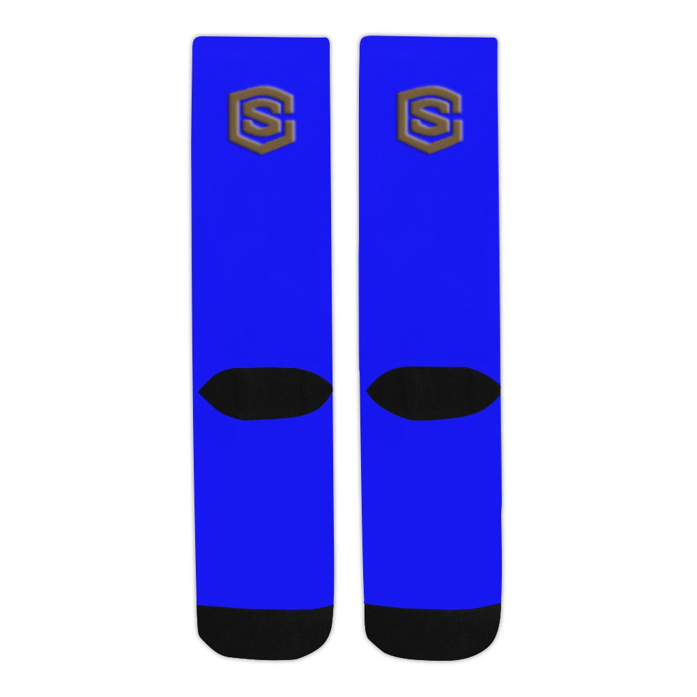 Blue Sublimated Crew Socks (Made In USA) with Brown Logo Sublimated Crew Socks (Made In USA)