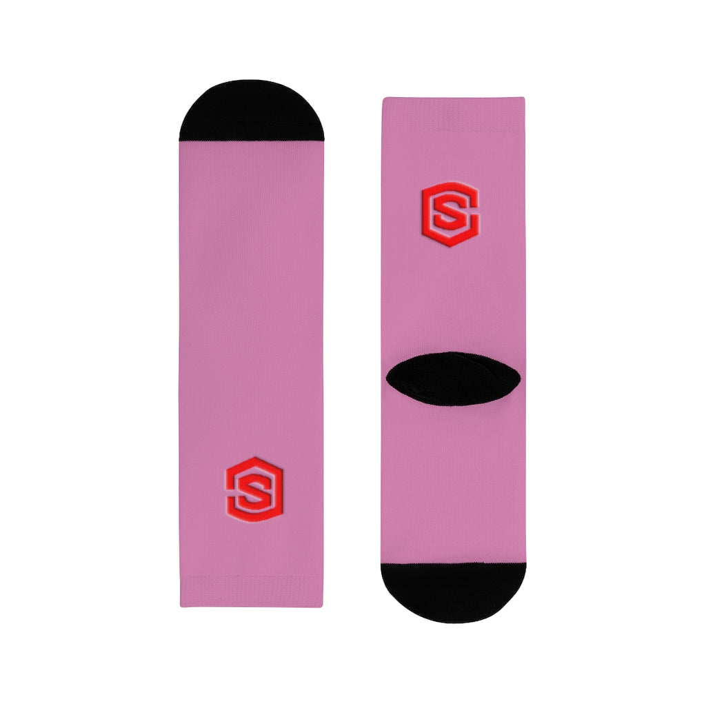 Pink Sublimation Crew Socks (EU) Red Logo