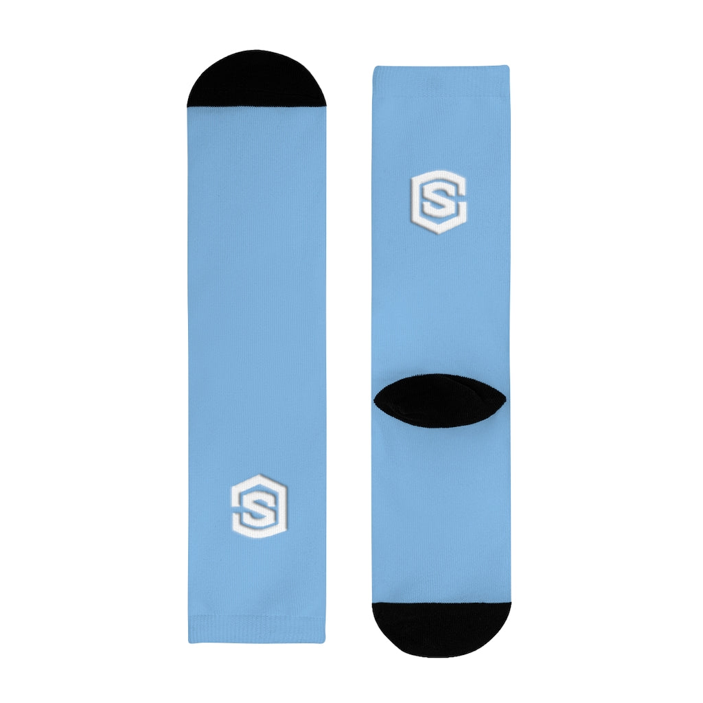 Blue Sublimation Crew Socks (EU) white Logo