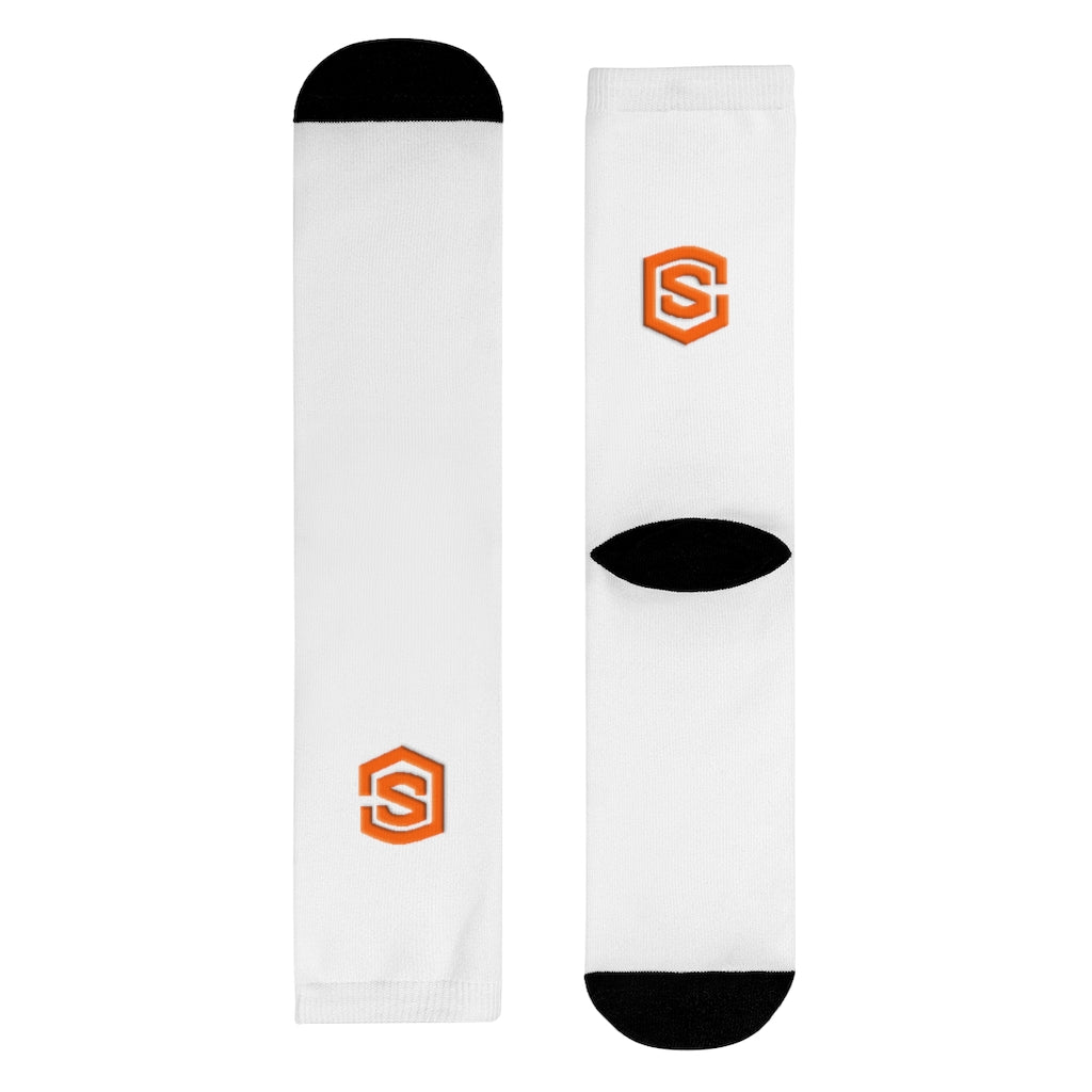 White Sublimation Crew Socks (EU) Orange Logo