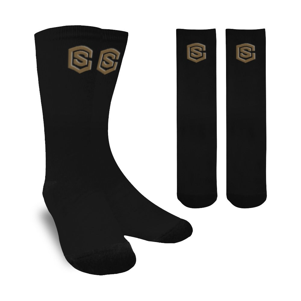 Black Sublimated Crew Socks (Made In USA) with Brown Logo Sublimated Crew Socks (Made In USA)