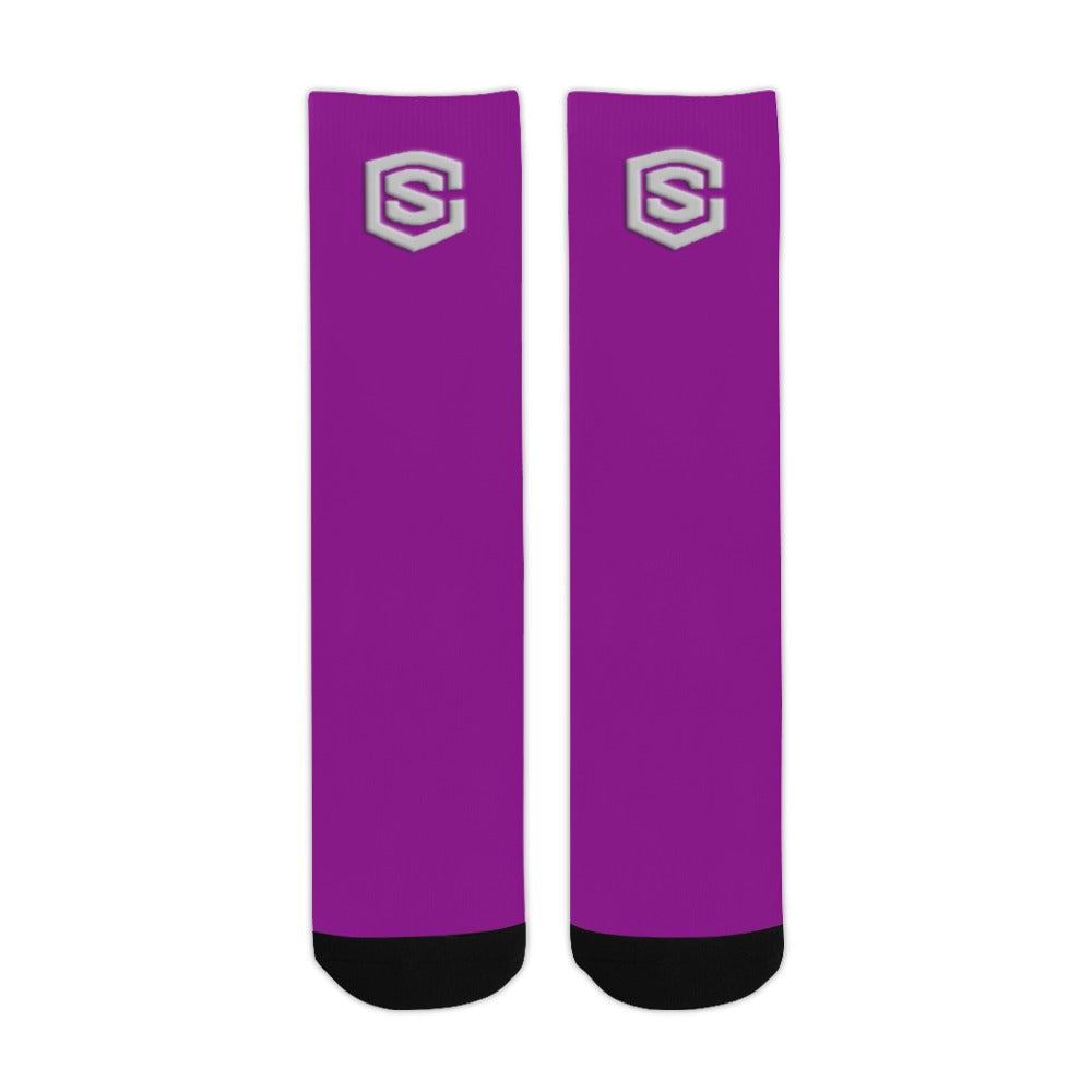 Purple Sublimated Crew Socks (Made In USA) with Silver Logo Sublimated Crew Socks (Made In USA)
