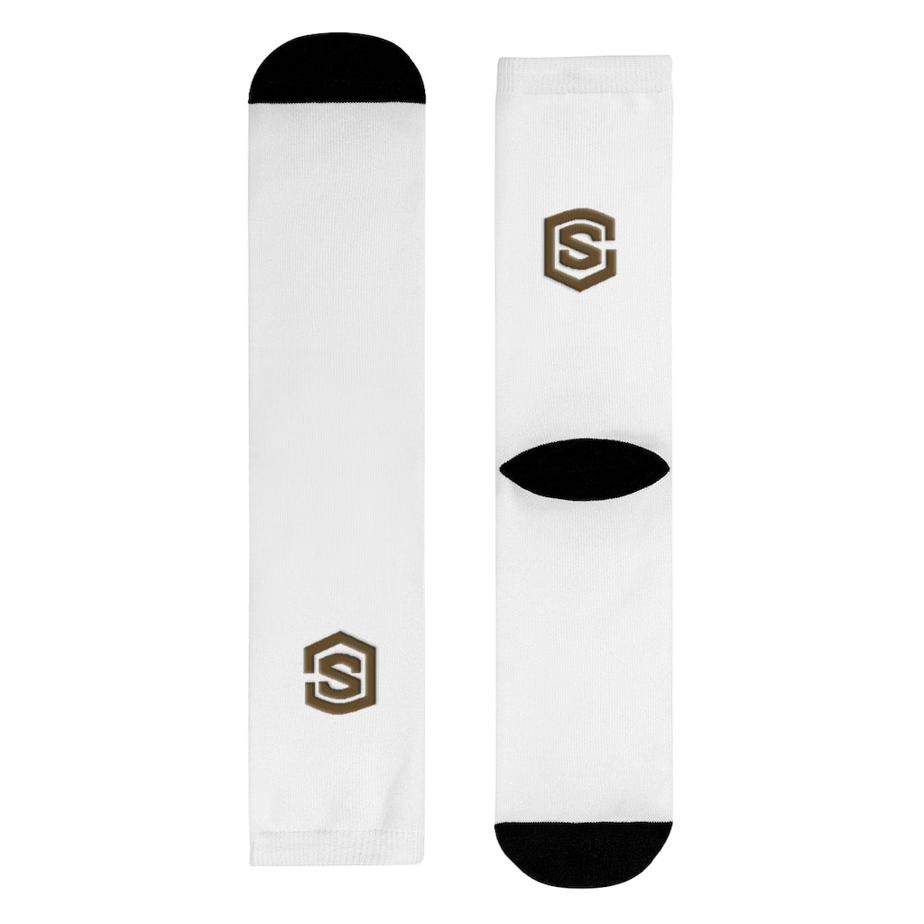 White Sublimation Crew Socks (EU) Brown Logo
