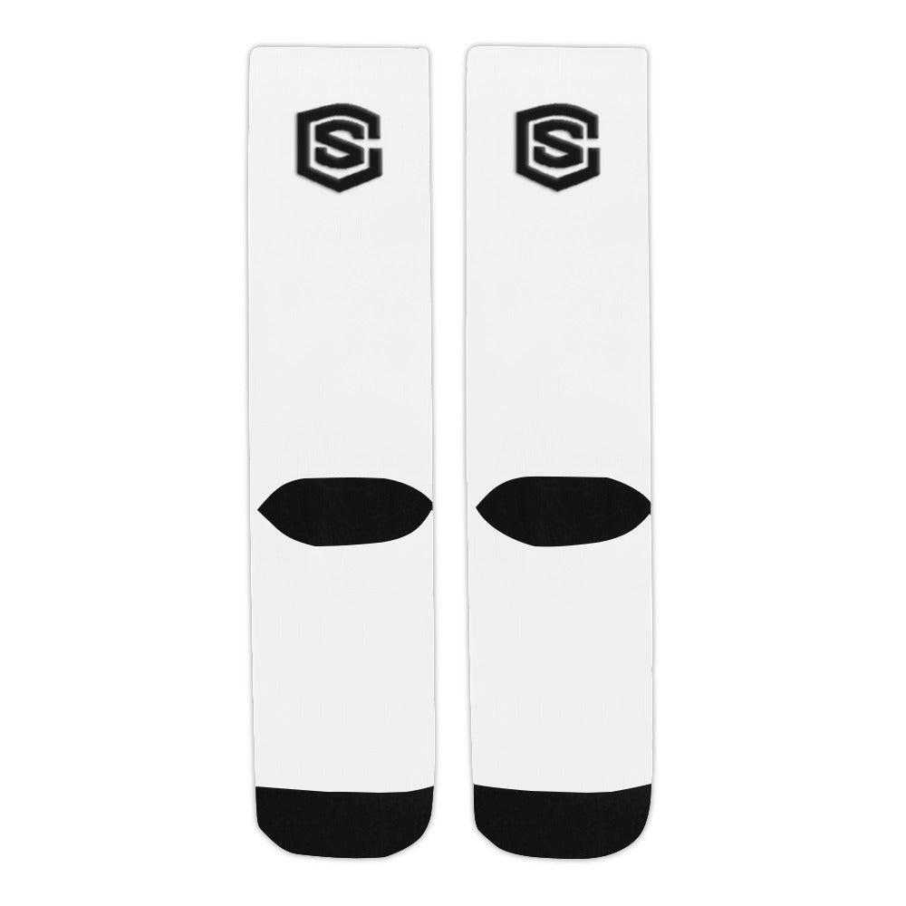 White Sublimated Crew Socks (Made In USA) with Black Logo Sublimated Crew Socks (Made In USA)
