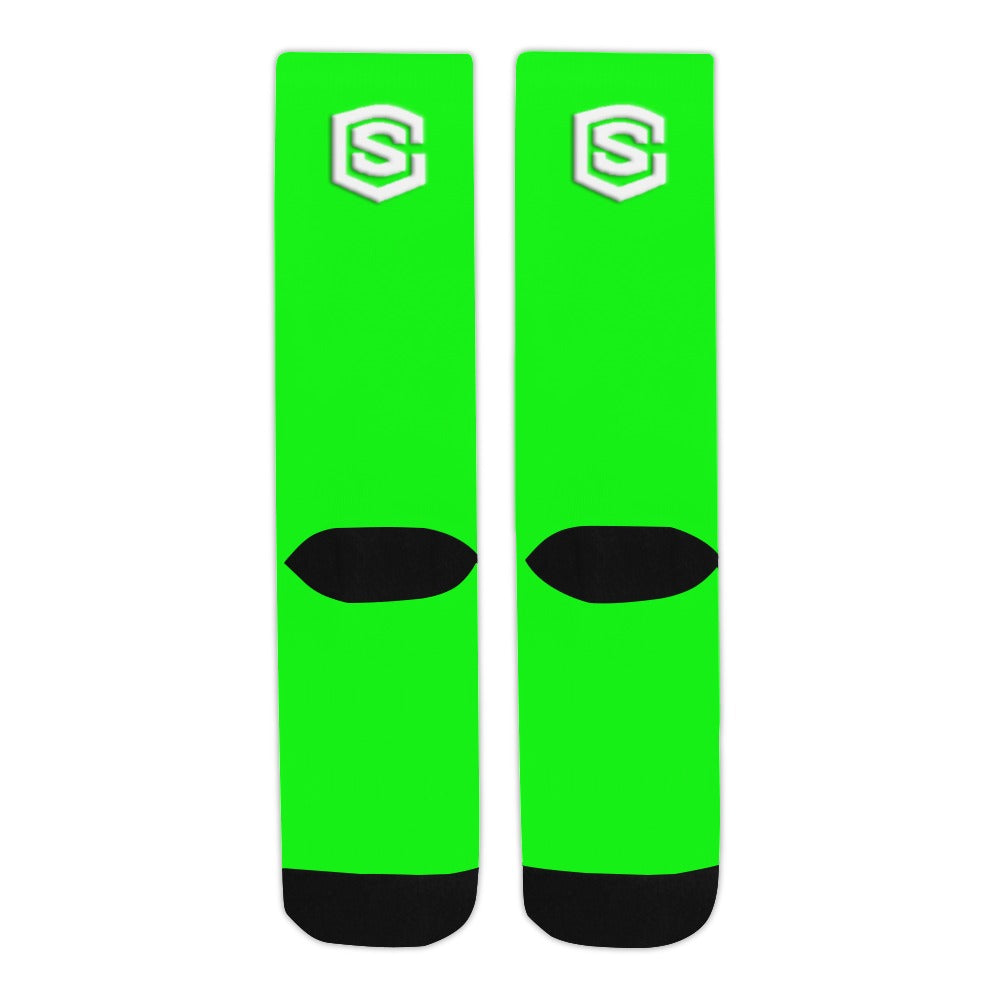 Green Sublimated Crew Socks (Made In USA) with White Logo Sublimated Crew Socks (Made In USA)
