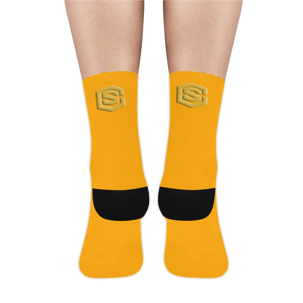 Orange Sublimated Crew Socks (Made In USA) with Gold Logo Sublimated Crew Socks (Made In USA)