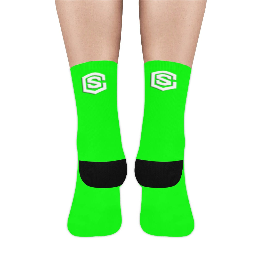 Green Sublimated Crew Socks (Made In USA) with White Logo Sublimated Crew Socks (Made In USA)