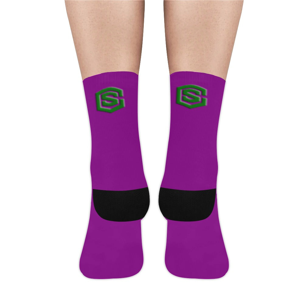 Purple Sublimated Crew Socks (Made In USA) with Green Logo Sublimated Crew Socks (Made In USA)